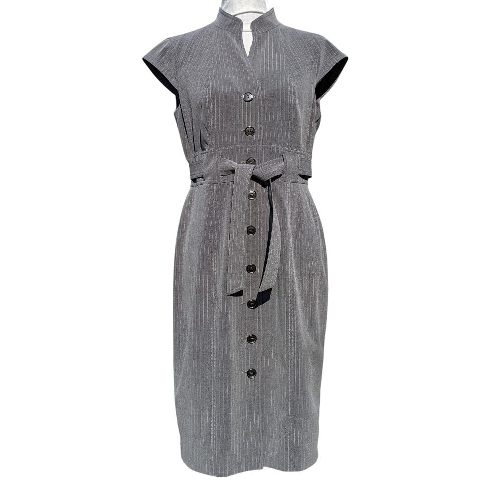 CALVIN KLEIN Gray Button-Down Pinstripe Dress Office Work Literary Straight Med